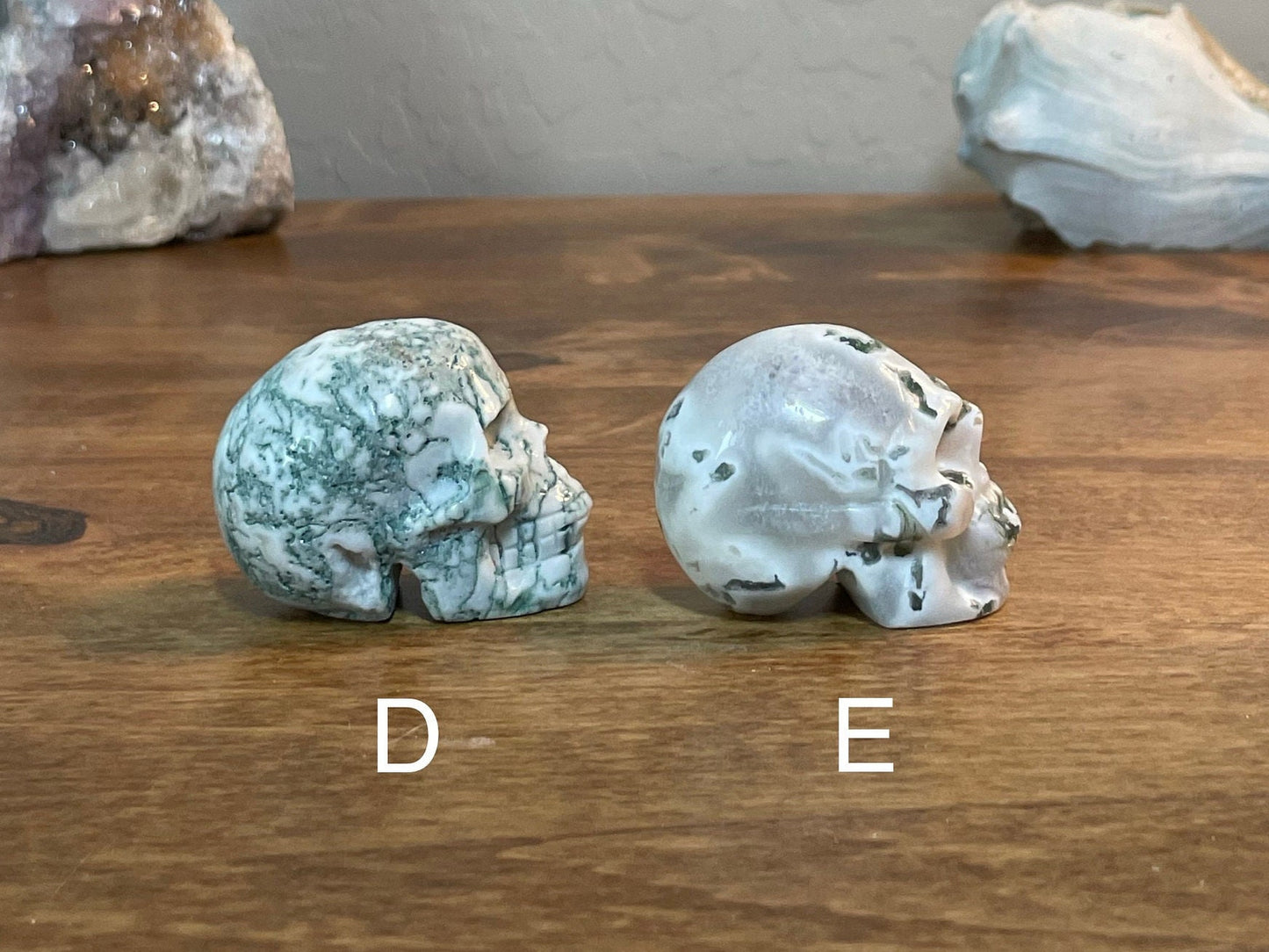You Choose, Moss and Tree Agate Skull Carvings