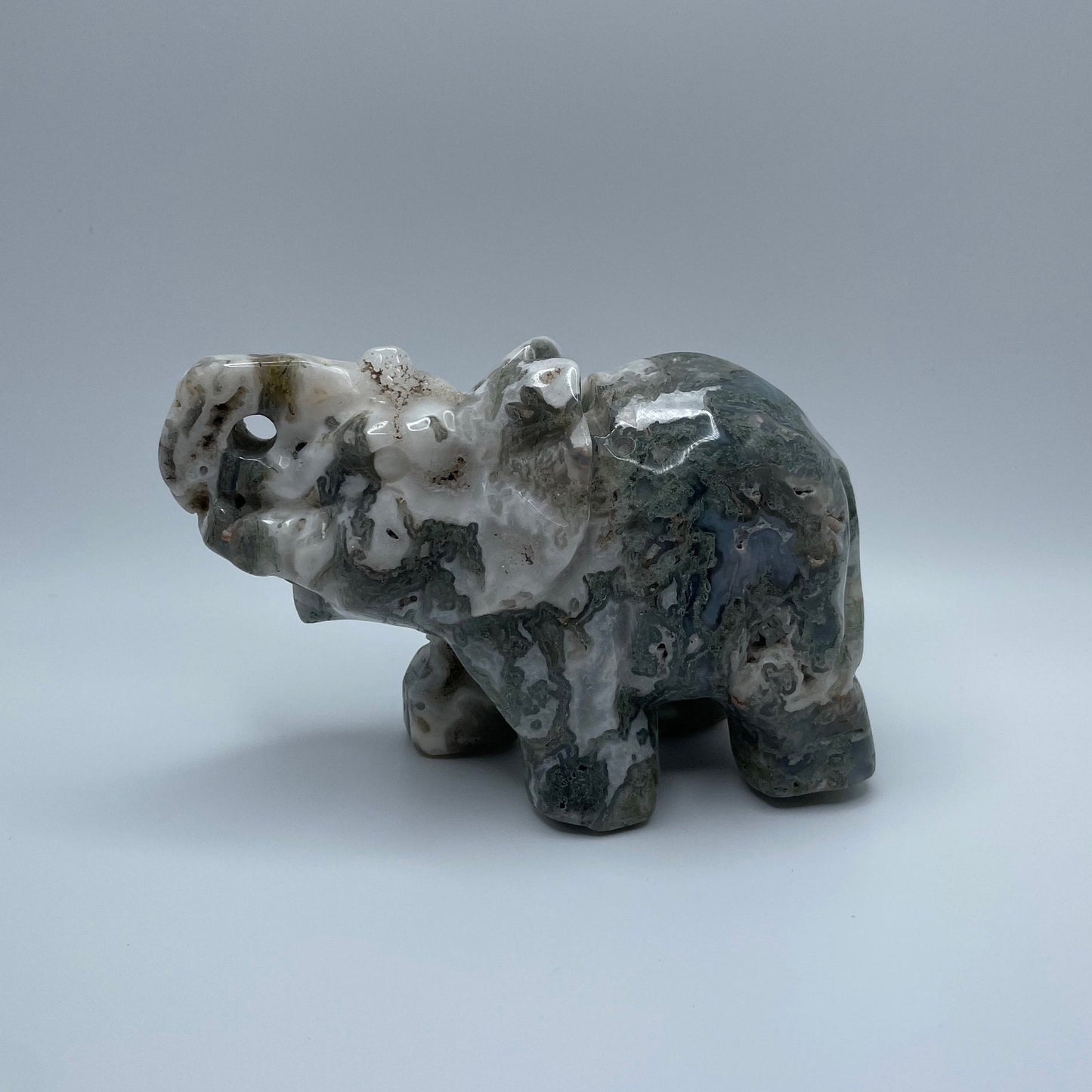 Medium Moss Agate and Quartz Elephant Carving with Natural Druzy