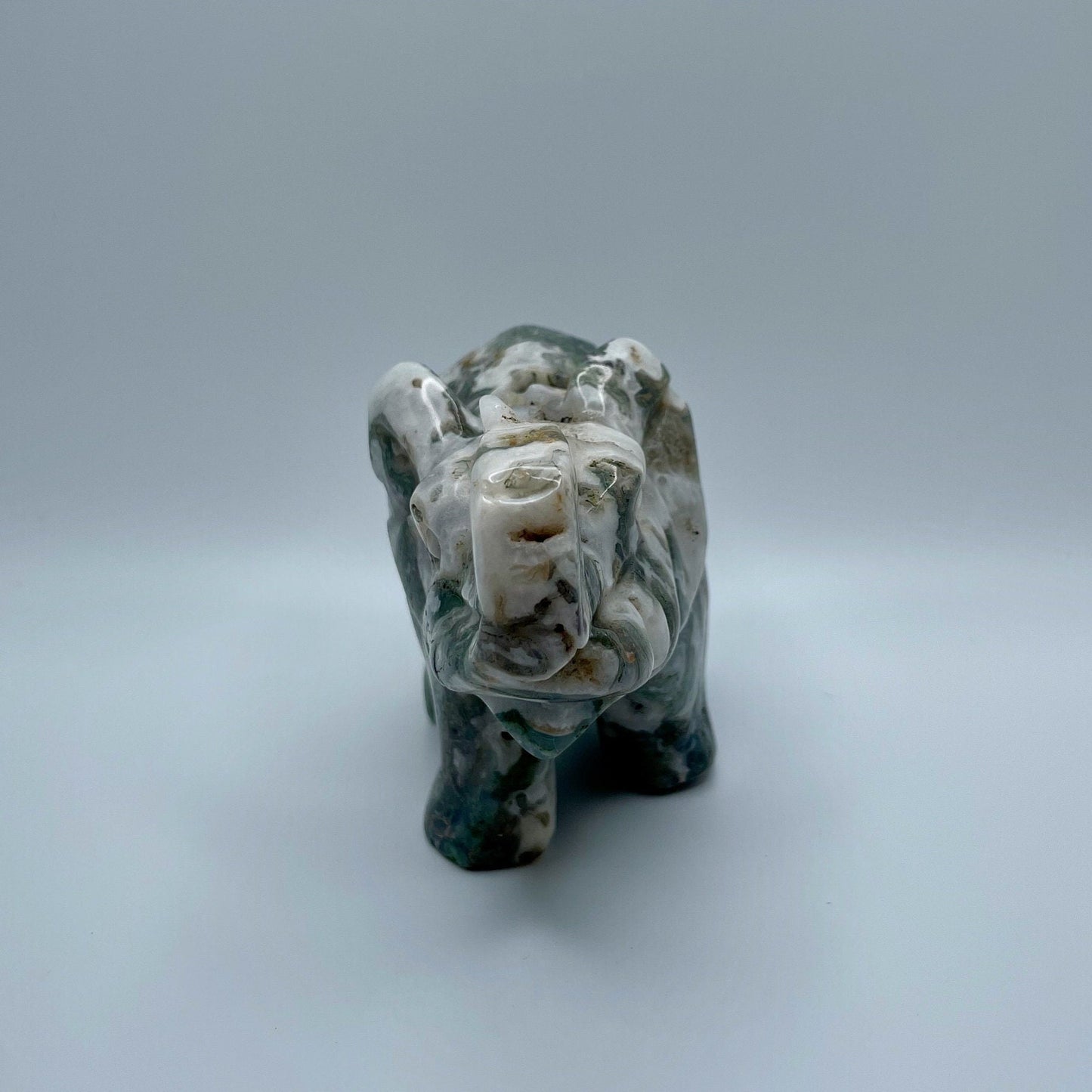 Medium Moss Agate and Quartz Elephant Carving with Natural Druzy