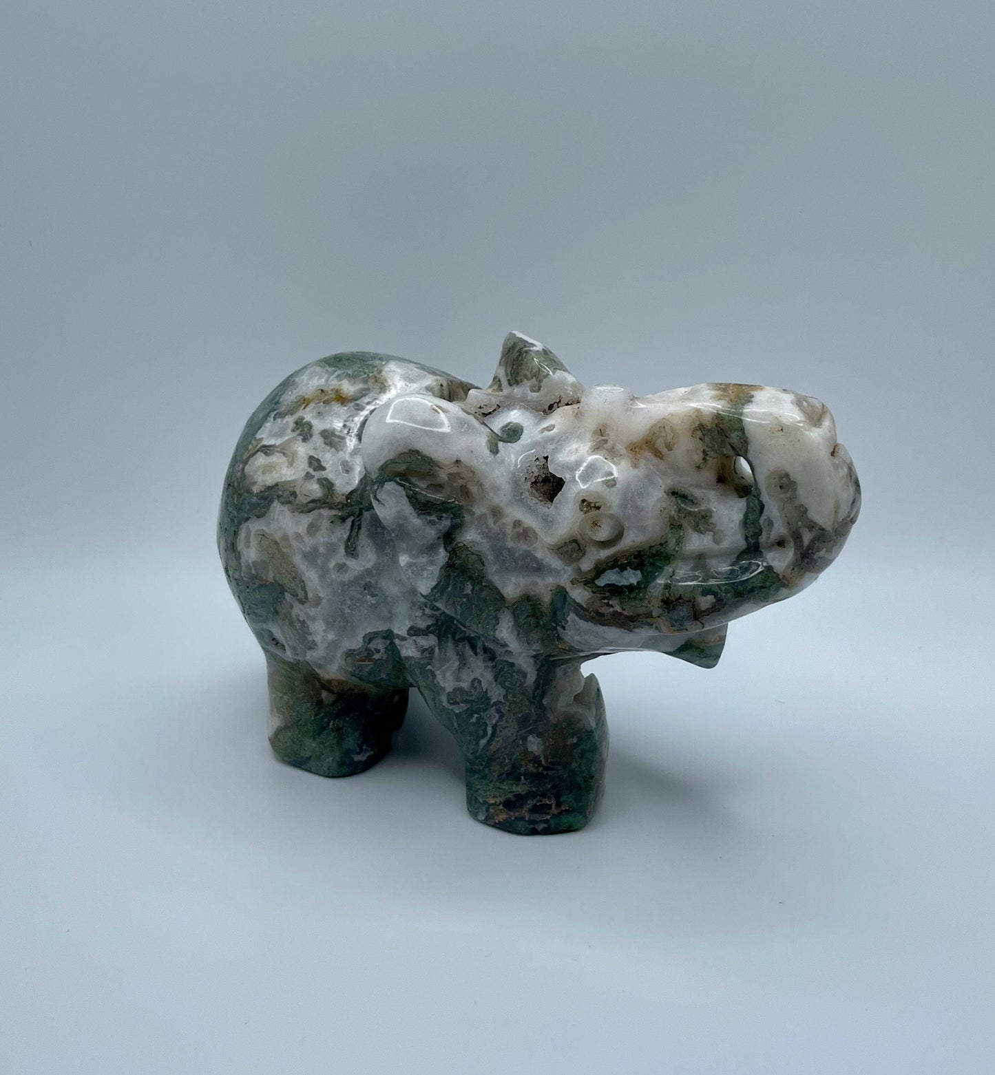 Medium Moss Agate and Quartz Elephant Carving with Natural Druzy