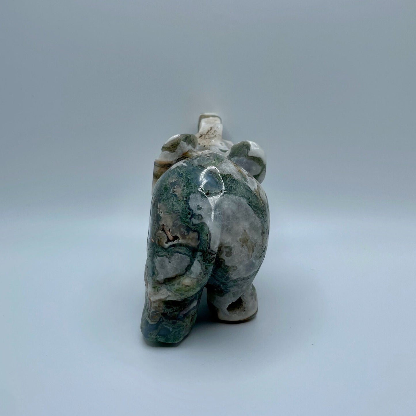 Medium Moss Agate and Quartz Elephant Carving with Natural Druzy